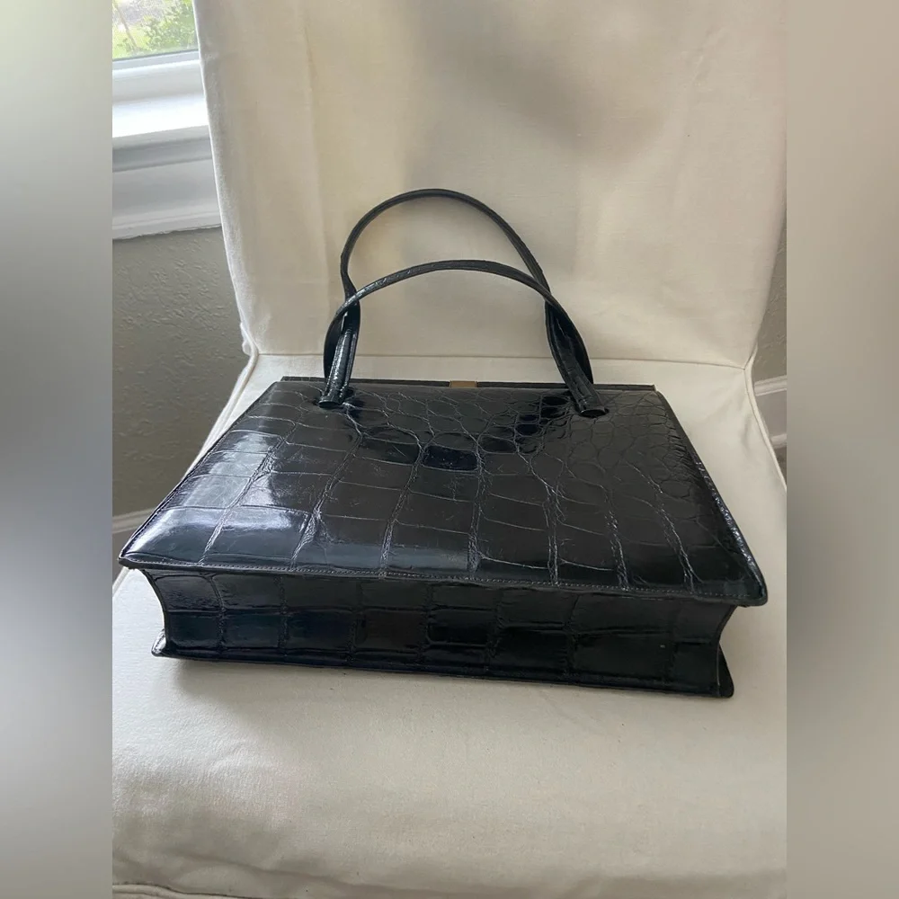 Vintage Deauville Black Crocodile Skin Leather Handbag With Two Handles - Picture 12 of 16